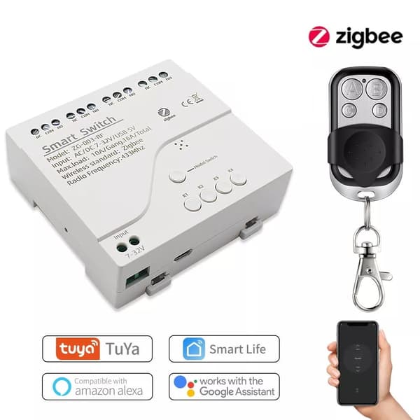 4-kanals spændingsfrit relæ 4 kanaler Zigbee 3.0 + RF433MHz Tuya