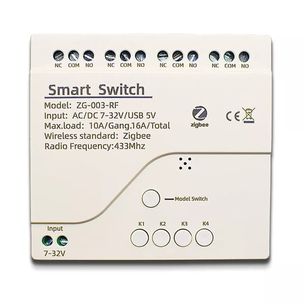 4-kanals spændingsfrit relæ 4 kanaler Zigbee 3.0 + RF433MHz Tuya