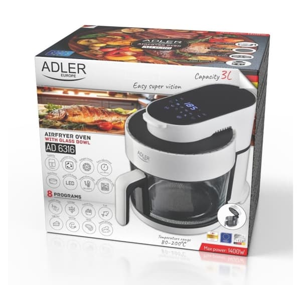 Adler, Air Fryer-ugn med glasskål, AD 6316