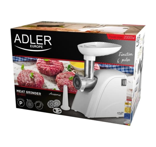 Adler AD 4803 Kødhakker, Effekt 800W, Skål, Mellemstørrelse sigte, Hakkesigte, Valmuesi, Stempel, Pølsefylder