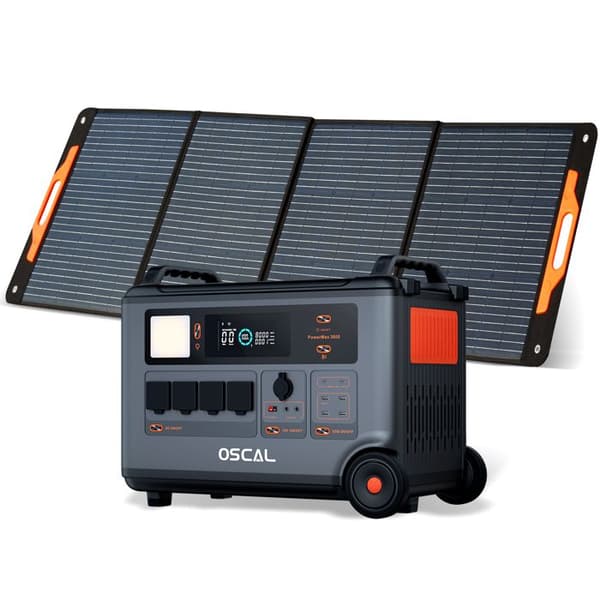 Batteri D'Alimentation Domotique OSCAL PowerMax 6000 Solgenerator bärbar + OSCAL PM200 Fällbart solpanel 200W
