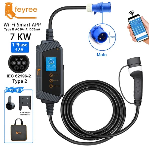 Bärbar EV-laddare, 32A 7KW, Wi-Fi Smart Control,7KW APP INGEN Adapter