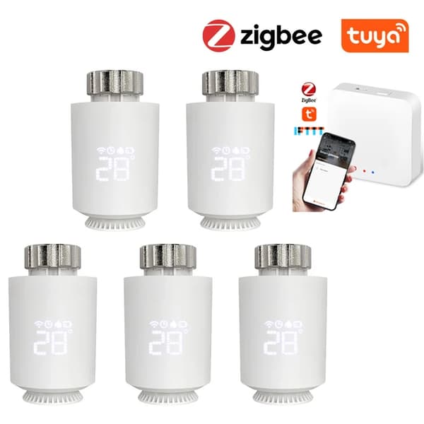 Smart Radiator Actuator, ZigBee-anslutning, Röststyrning med Alexa & Google Home, 5 st lägg till 1 gateway