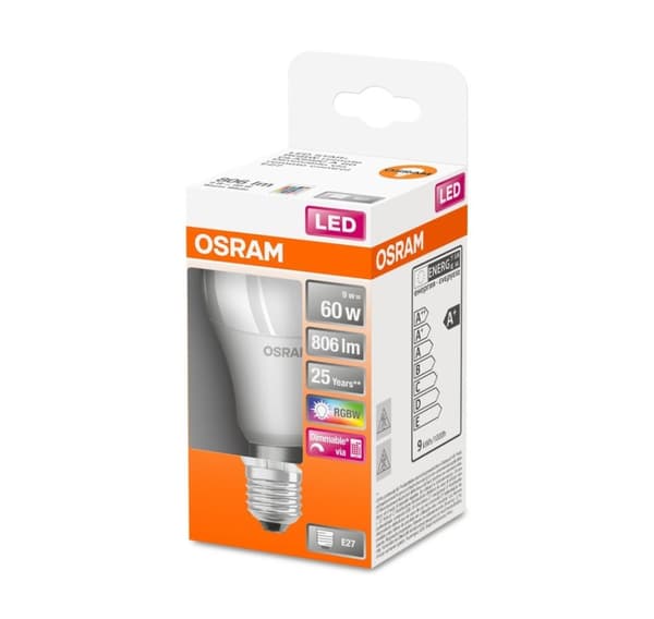 Osram, LED Star+ Classic A RGBW FR 60 dimbar 9W/827 E27 glödlampa med fjärrkontroll