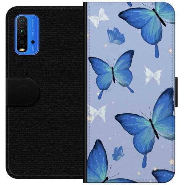Tegnebogsetui til Xiaomi Redmi Note 9 4G med Blå sommerfugle motiv