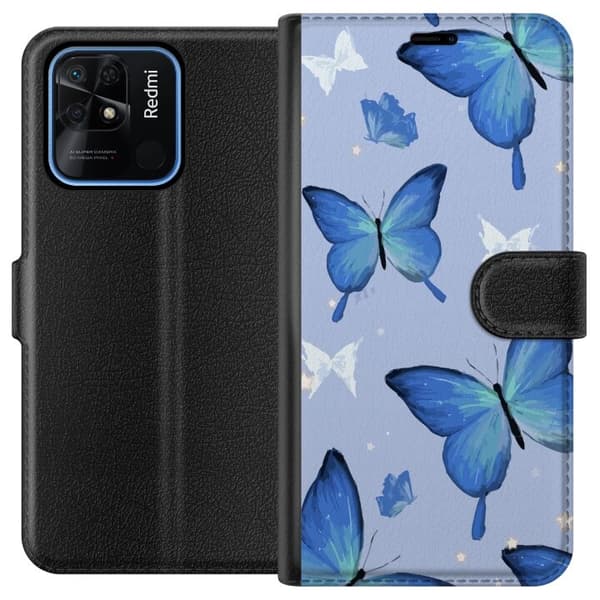 Plånboksfodral till Xiaomi Redmi 10C med Blå fjärillar motiv