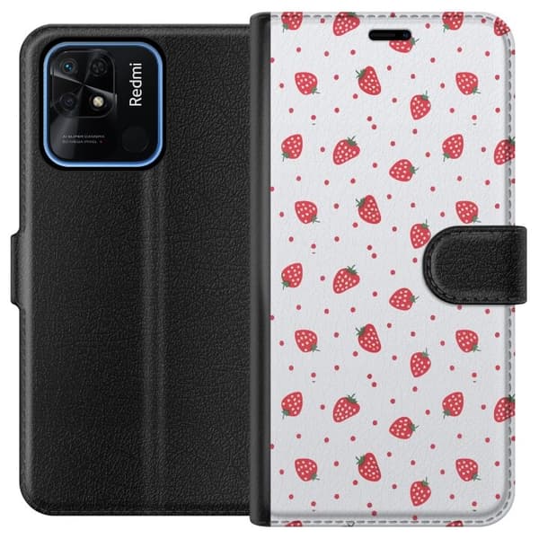 Lompakkokotelo Xiaomi Redmi 10C-laitteelle, jossa on Mansikat kuvio