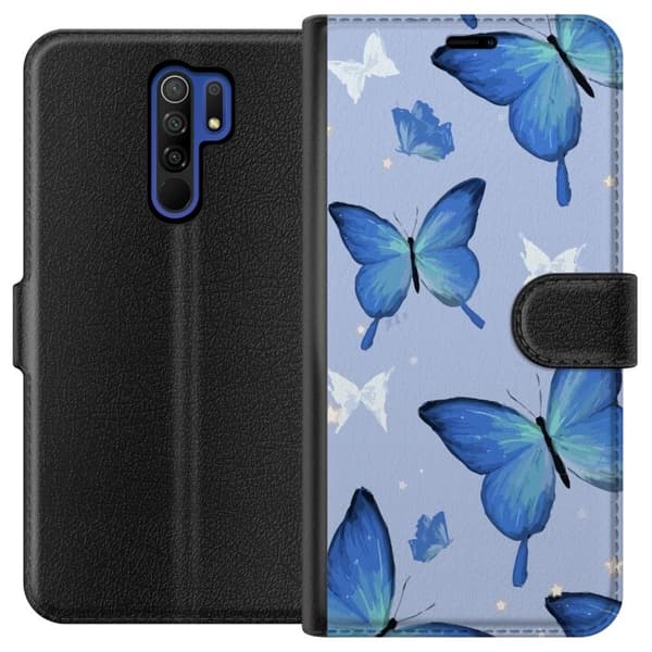 Tegnebogsetui til Xiaomi Redmi 9 med Blå sommerfugle motiv