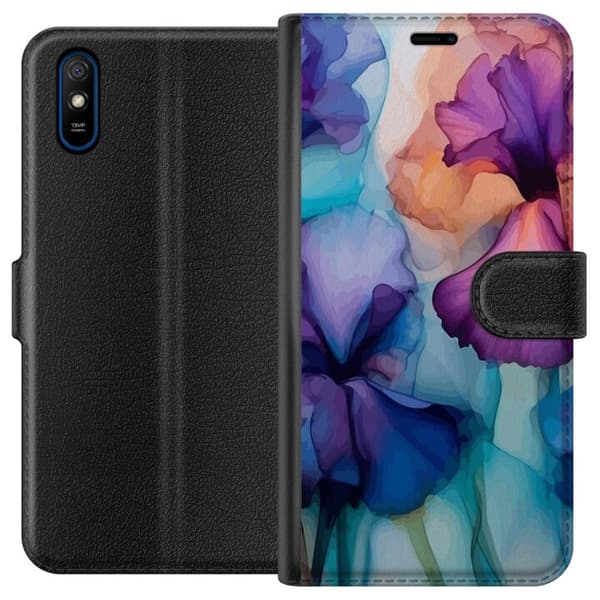 Lompakkokotelo Xiaomi Redmi 9A-laitteelle, jossa on Maagiset kukat kuvio