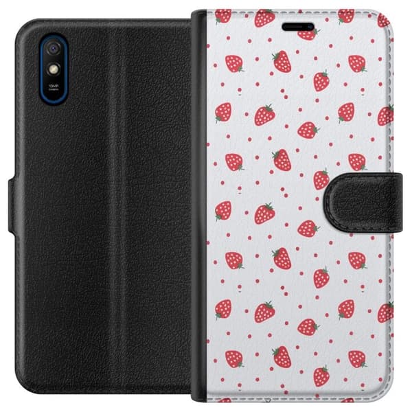 Tegnebogsetui til Xiaomi Redmi 9A med Jordbær motiv
