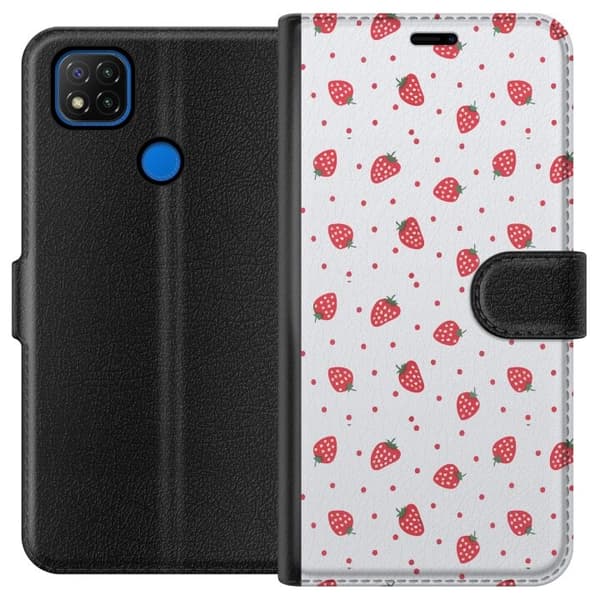 Lompakkokotelo Xiaomi Redmi 9C-laitteelle, jossa on Mansikat kuvio