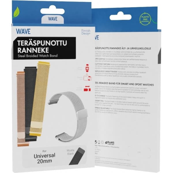 Wave teräspunottu ranneke 20mm, äly- ja urheilukelloille, musta