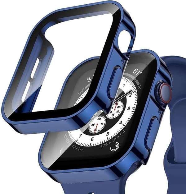 Hårt fodral för Apple Watch Skärmskydd i härdat glas Ultratunt hållbart skyddsfodral för iWatch SE 6 5 Star Light (Färg: blå, storlek: 45 mm)