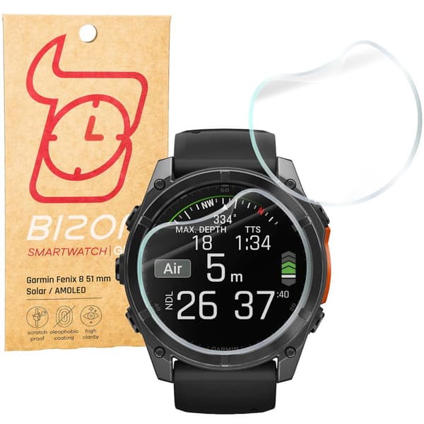 Bizon Glass -kellohydrogeelikalvo Garmin Fenix 8 Solar 51mm / AMOLED 47mm / AMOLED 51mm -kellolle, 2 kpl
