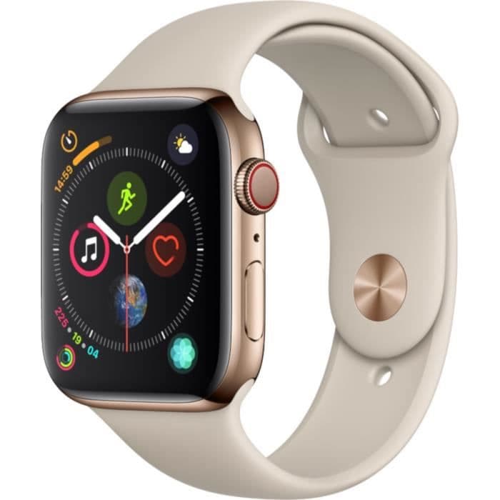 Apple Watch Series 4 GPS + Cellular, 44 mm guld i rustfrit stål med sandgrå sportsrem
