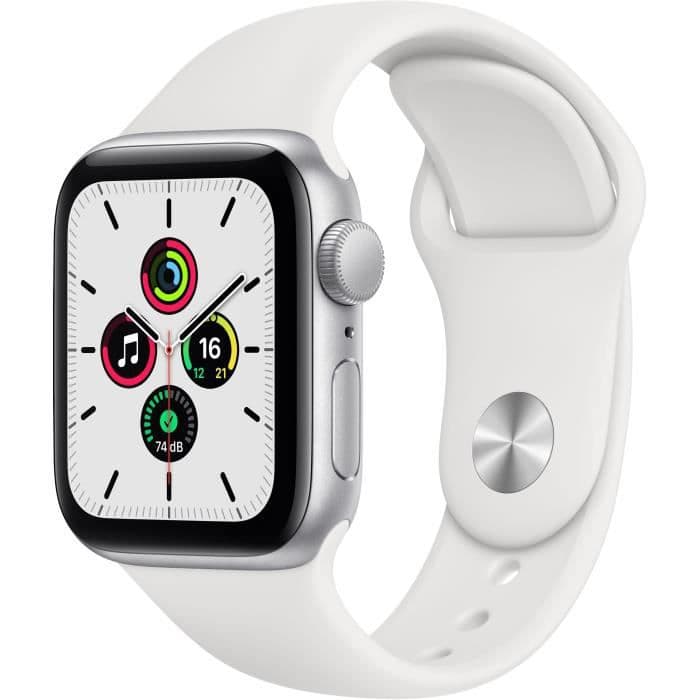 Apple Watch SE GPS, 40 mm sølvaluminiumskasse med hvidt sportbånd