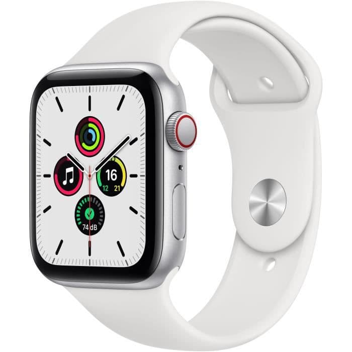 Apple Watch SE GPS + Cellular, 44 mm sølvaluminiumskasse med hvidt sportbånd