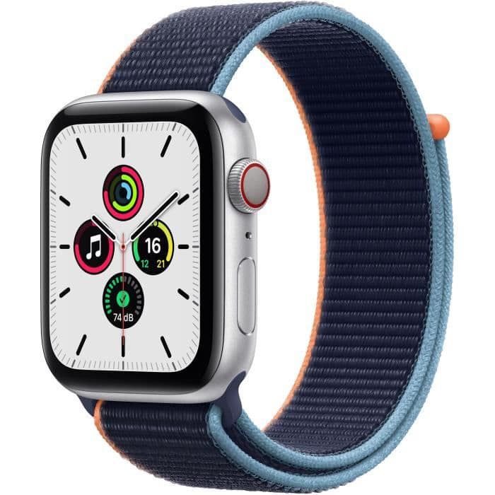 Apple Watch SE GPS + Cellular, 44 mm silverfodral i aluminium med intensivt blått sportband