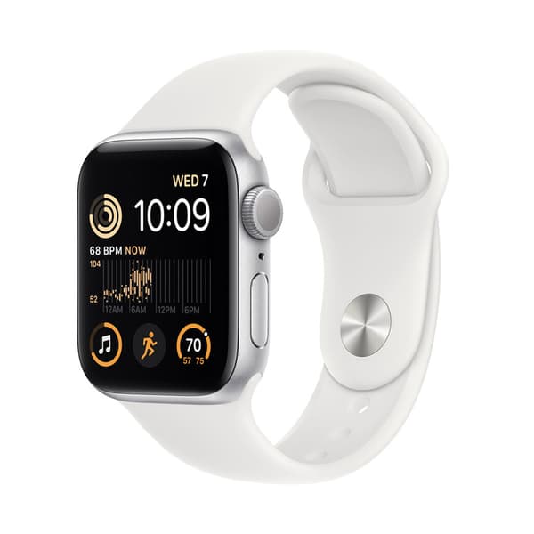 Apple Watch SE (2022) 44mm GPS Silver Aluminiumboett med Vitt Sport Band