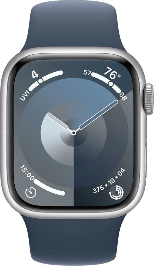 Apple Watch Series 9 (GPS) 41 mm silverfärgad aluminiumboett och stormblått sportarmband, M/L (MR913)