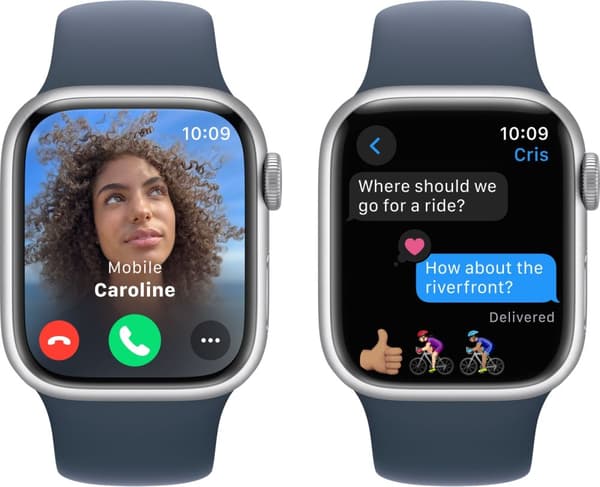 Apple Watch Series 9 (GPS) 41 mm silverfärgad aluminiumboett och stormblått sportarmband, M/L (MR913)