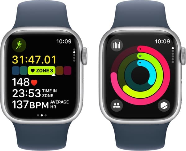 Apple Watch Series 9 (GPS) 41 mm silverfärgad aluminiumboett och stormblått sportarmband, M/L (MR913)