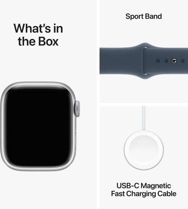 Apple Watch Series 9 (GPS) 41 mm silverfärgad aluminiumboett och stormblått sportarmband, M/L (MR913)