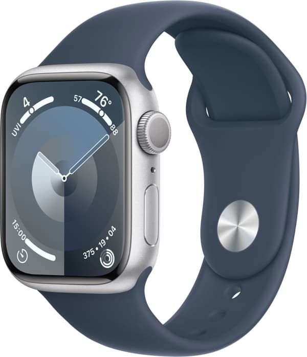 Apple Watch Series 9 (GPS) 41 mm silverfärgad aluminiumboett och stormblått sportarmband, M/L (MR913)