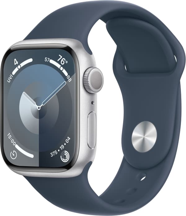 Apple Watch Series 9 (GPS) 41 mm silverfärgad aluminiumboett och stormblått sportarmband, M/L (MR913)