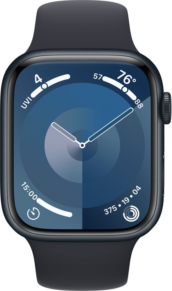 Apple Watch Series 9 (GPS) 45 mm midnatsblå aluminiumskasse og midnatsblå sportsrem, S/M (MR993)