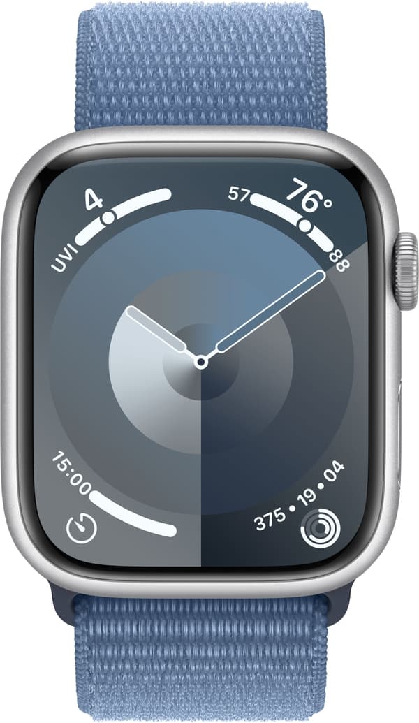 Apple Watch Series 9 (GPS) 45 mm sølvfarget aluminiumsdeksel og stormblå Sport Loop-rem (MR9F3)