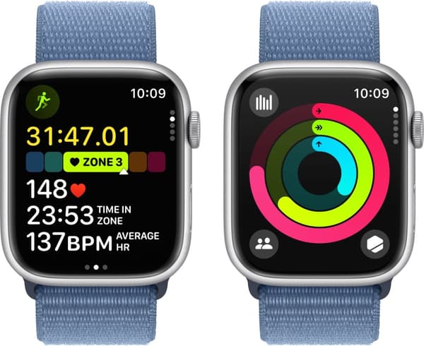 Apple Watch Series 9 (GPS) 45 mm sølvfarget aluminiumsdeksel og stormblå Sport Loop-rem (MR9F3)
