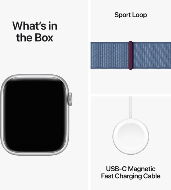 Apple Watch Series 9 (GPS) 45 mm sølvfarget aluminiumsdeksel og stormblå Sport Loop-rem (MR9F3)