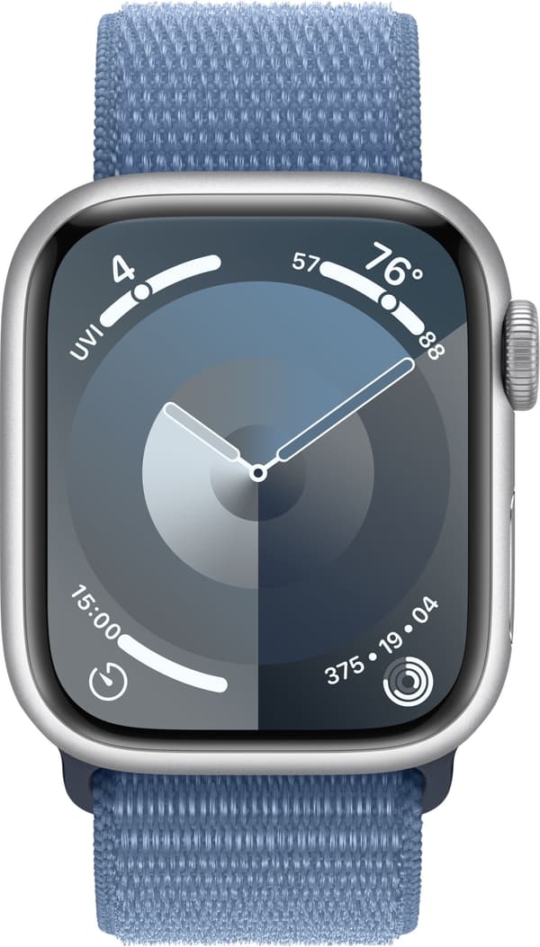 Apple Watch Series 9 (GPS + Cellular) 41 mm silverfärgad aluminiumboett och vinterblått Sport Loop-armband (MRHX3)