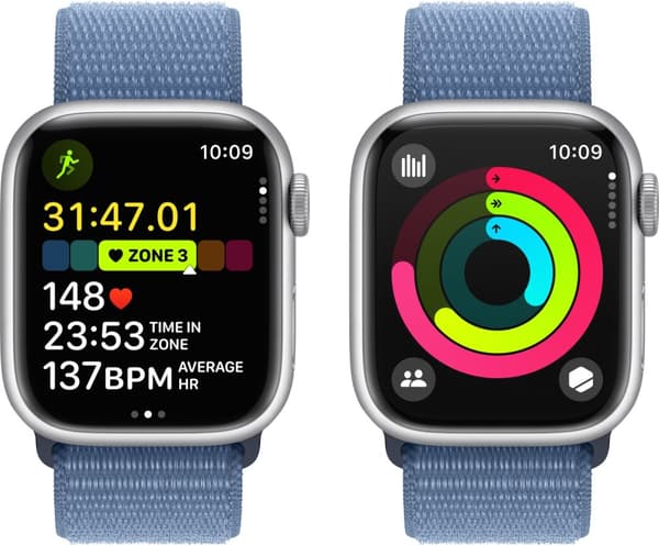 Apple Watch Series 9 (GPS + Cellular) 41 mm silverfärgad aluminiumboett och vinterblått Sport Loop-armband (MRHX3)