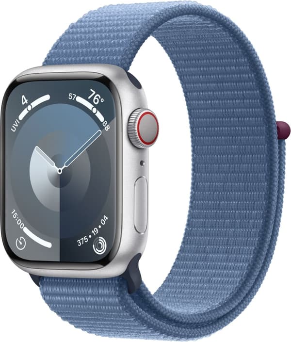 Apple Watch Series 9 (GPS + Cellular) 41 mm silverfärgad aluminiumboett och vinterblått Sport Loop-armband (MRHX3)