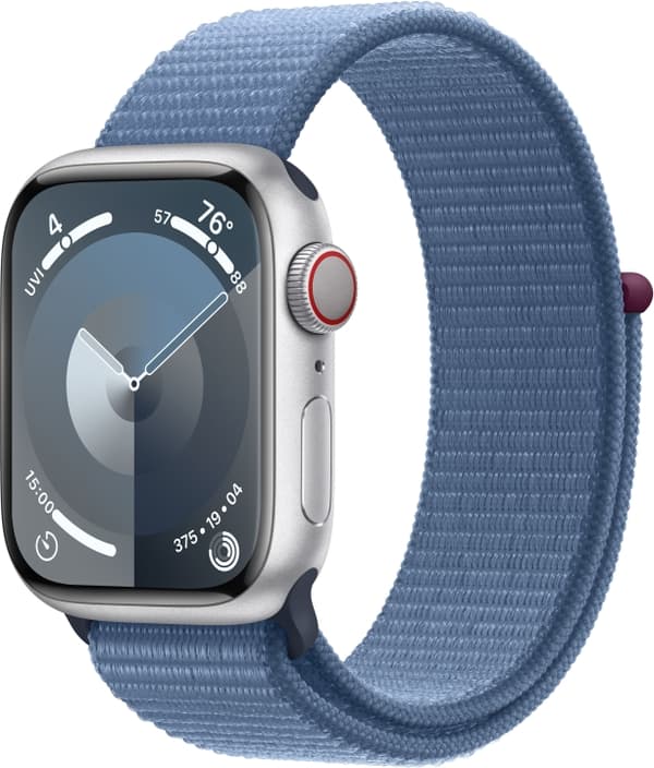 Apple Watch Series 9 (GPS + Cellular) 41 mm sølvfarvet aluminiumskasse og vinterblå Sport Loop-rem (MRHX3)