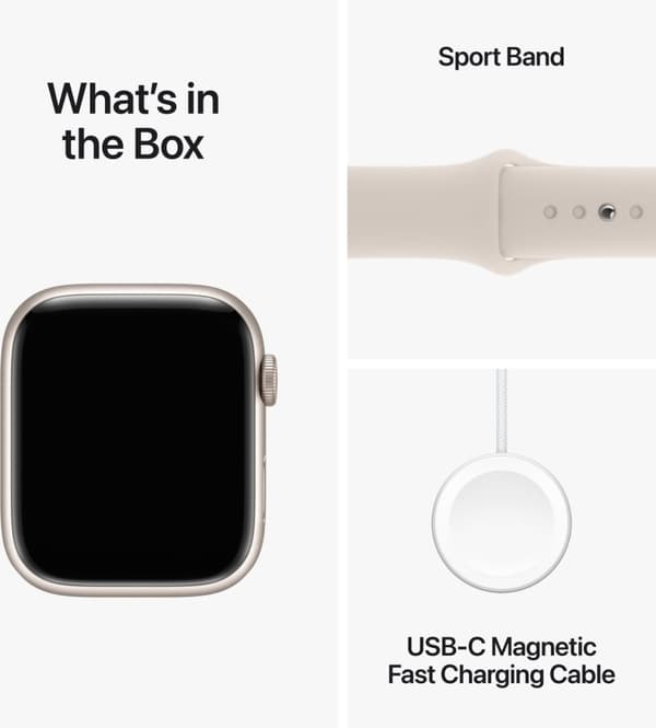 Apple Watch Series 9 (GPS + Cellular) 45 mm stjärnvit aluminiumboett och stjärnvitt sportarmband, S/M (MRM83)