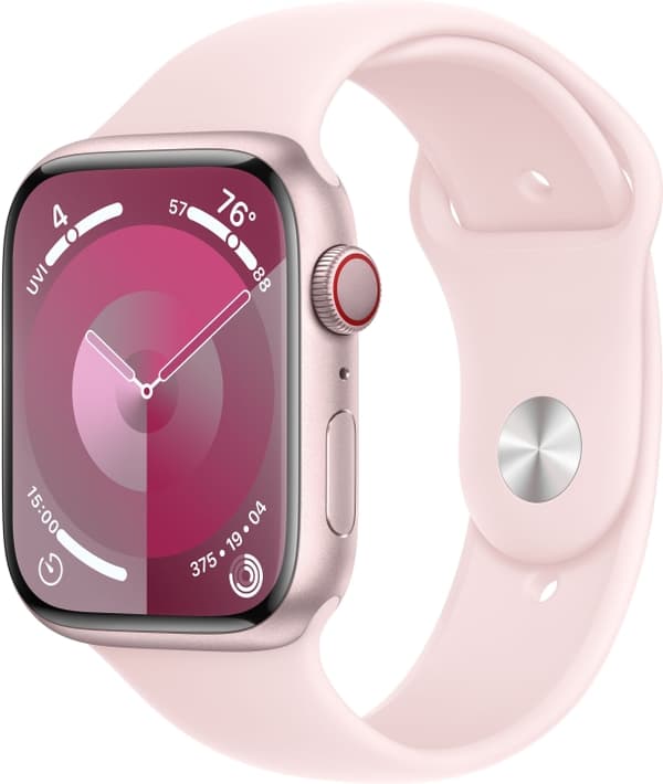 Apple Watch Series 9 (GPS + Cellular) 45 mm pink aluminiumskasse og pink sportsrem, S/M (MRMK3)