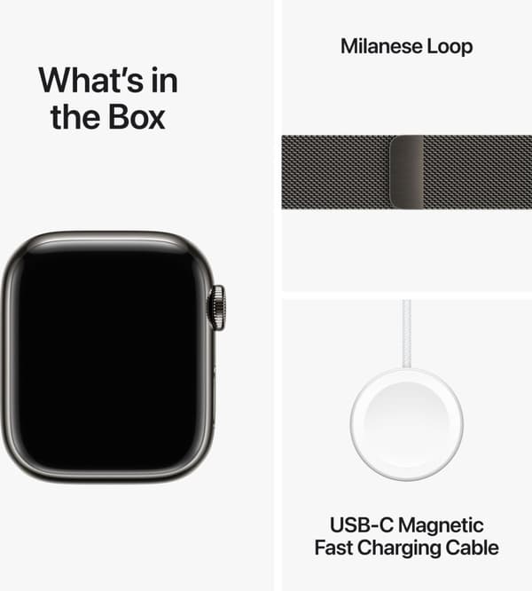 Apple Watch Series 9 (GPS + Cellular) 41 mm grafitfarvet kasse i rustfrit stål og grafitfarvet milanese-rem (MRJA3)