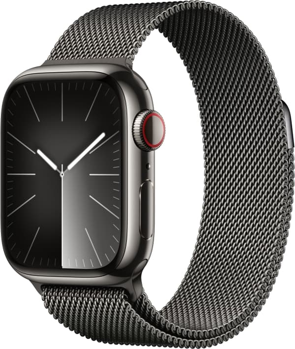 Apple Watch Series 9 (GPS + Cellular) 41 mm grafitfarvet kasse i rustfrit stål og grafitfarvet milanese-rem (MRJA3)