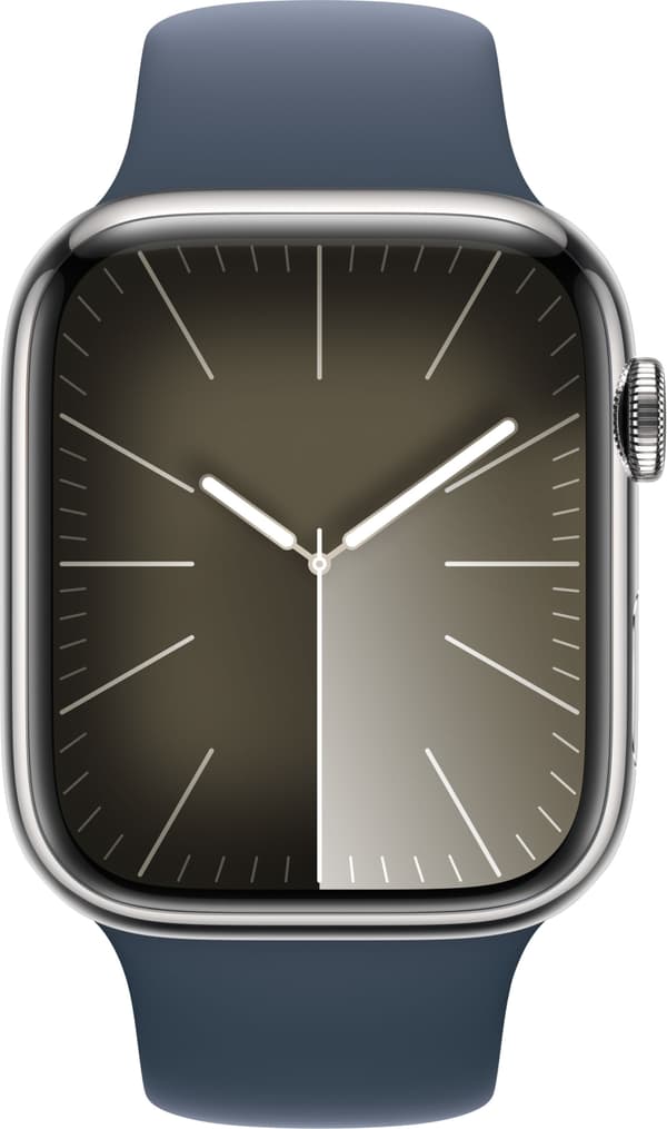 Apple Watch Series 9 (GPS + Cellular) 45 mm silverfärgad boett i rostfritt stål och stormblått sportarmband, M/L (MRMP3)