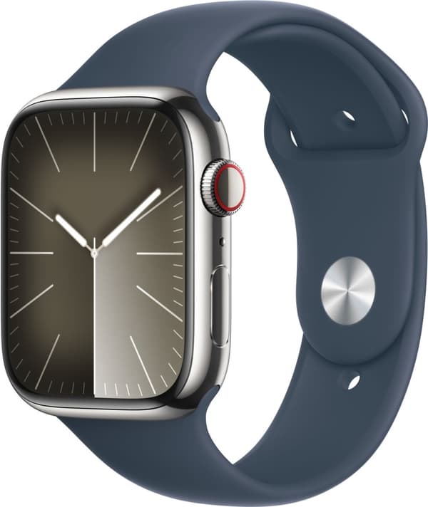 Apple Watch Series 9 (GPS + Cellular) 45 mm silverfärgad boett i rostfritt stål och stormblått sportarmband, M/L (MRMP3)