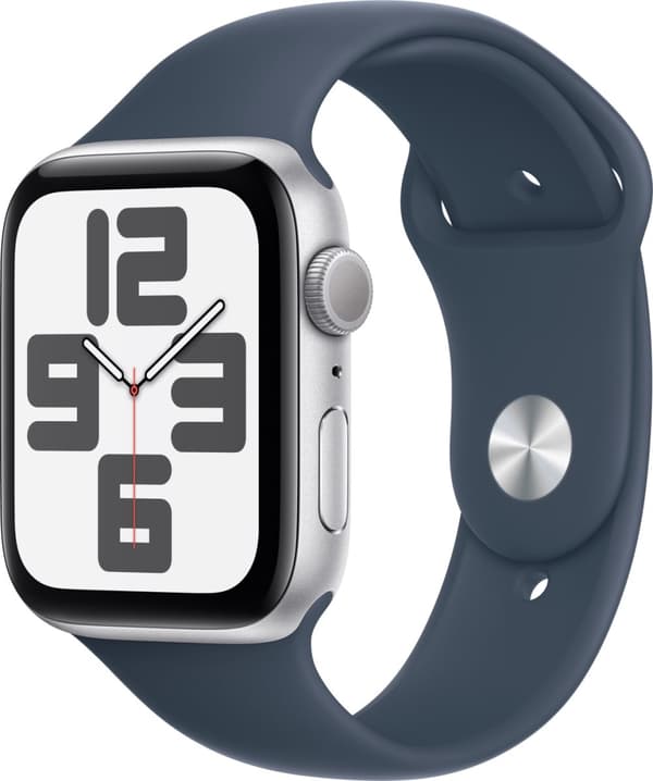 Apple Ur SE (GPS) 44 mm sølvfarvet aluminiumskasse og stormblå sportslænke, M/L (MREE3)