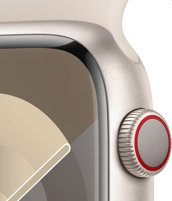 Apple Watch Series 9 (GPS + Cellular) 45 mm stjärnvit aluminiumboett och stjärnvitt sportarmband, M/L (MRM93)