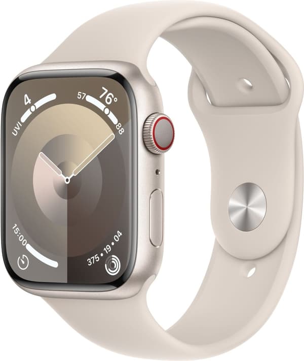 Apple Watch Series 9 (GPS + Cellular) 45 mm stjärnvit aluminiumboett och stjärnvitt sportarmband, M/L (MRM93)