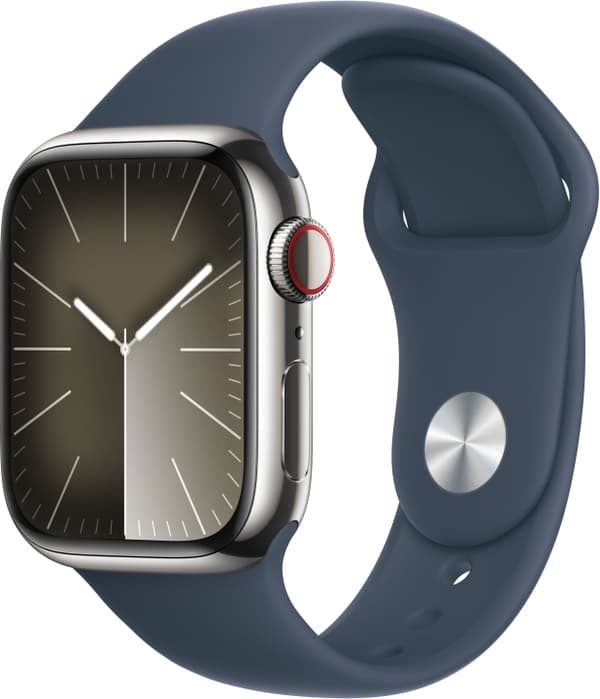 Apple Watch Series 9 (GPS + Cellular) 41 mm sølvfarget rustfritt stålkasse og stormblått sportsarmbånd, M/L (MRJ33)