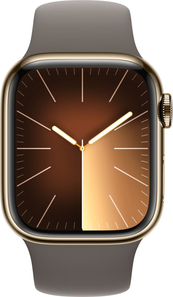 Apple Watch Series 9 (GPS + Cellular) 41 mm guldfarvet urkasse i rustfrit stål og lerfarvet sportsarmbånd, M/L (MRJ63)