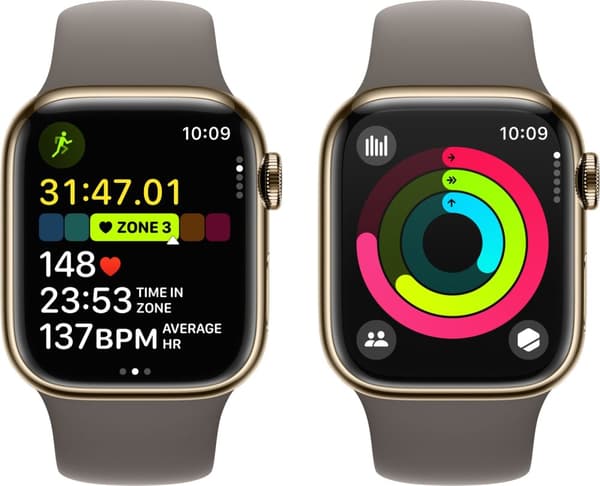 Apple Watch Series 9 (GPS + Cellular) 41 mm guldfarvet urkasse i rustfrit stål og lerfarvet sportsarmbånd, M/L (MRJ63)