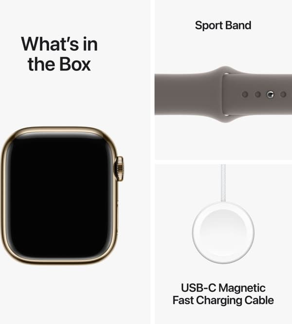 Apple Watch Series 9 (GPS + Cellular) 41 mm guldfarvet urkasse i rustfrit stål og lerfarvet sportsarmbånd, M/L (MRJ63)
